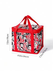 Betty Boop x SHEIN Vintage Cartoon Print Large Capacity Insulated Lunch Bag With Red Trim, Portable Cooler Tote For Picnic, School & Work Use - Black, red, white. - View 6