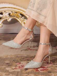 CUCCOO TILAWA Summer Ladies Elegant Luxury Rhinestone Hollow Sandals Shopping Party Commuter Office Fashion Pointed High Heels - Silver - View 2