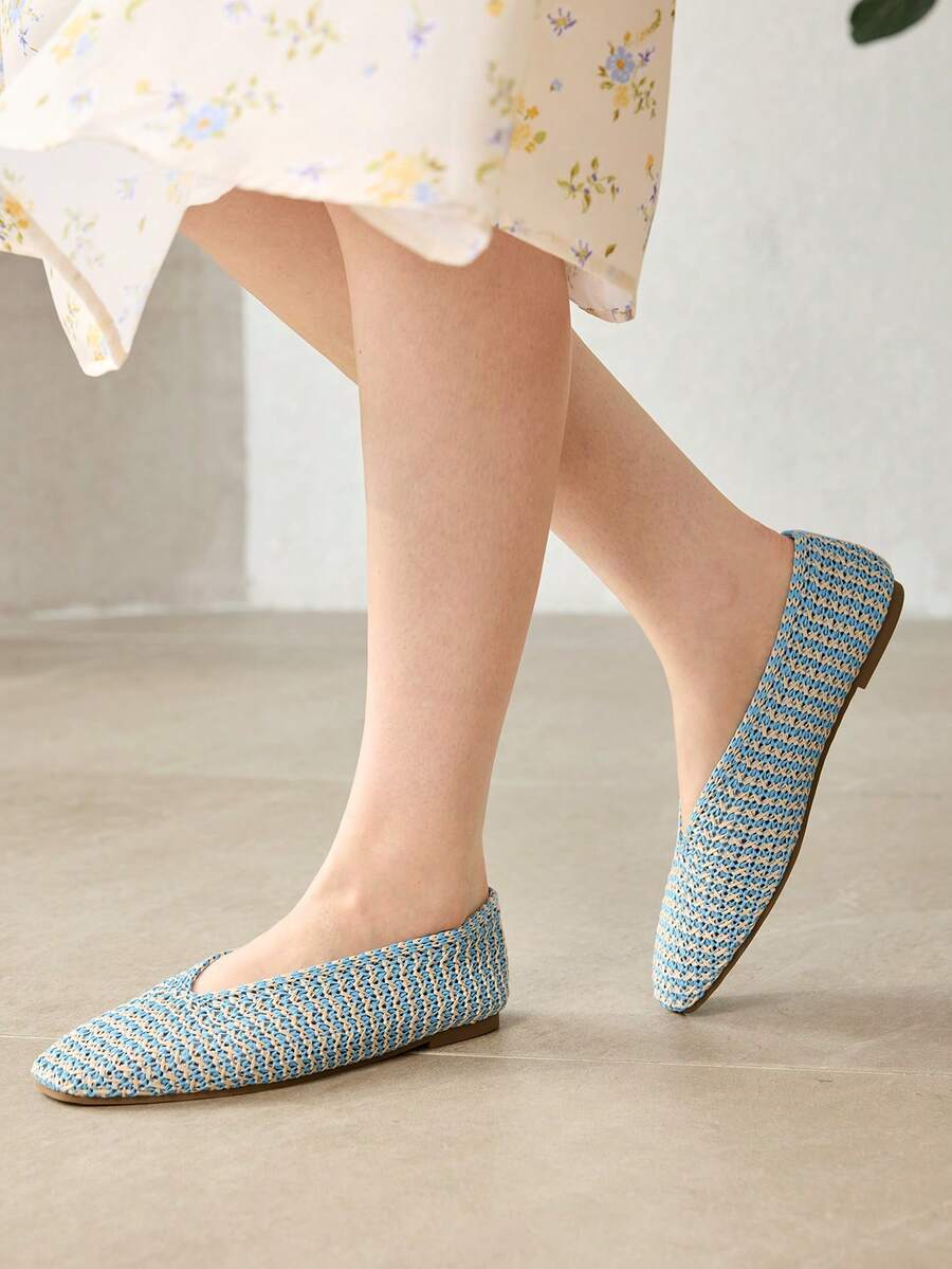 MOTF WOMEN LIGHT BLUE HOLLOW OUT SQUARE TOE FLATS SPRING SHOES FALL SHOES - Blue and White - View 2