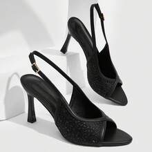 CUCCOO SZL Women's Summer 9CM Round Toe Peep Toe Rhinestone Black Single Strap Sexy Elegant Stiletto High Heels, Suitable For Daily Commute/Beach/Party - Black - View 4