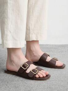 CUCCOO BIZCHIC 夏季新款棕色單扣女款平底涼拖鞋 休閒時尚百搭舒適通勤女鞋 - 咖啡棕 - 查看 4