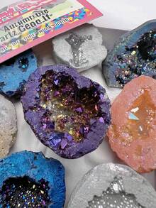 9 Pcs Natural Healing Crystal Raw Stone Box Set, Electroplated Colored Asymmetrical Agate Geodes & Crystal Clusters, Energy Mineral Specimens For Educational Display, Holiday Gift For Men & Women - Multicolor - View 8