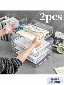 2pcs Stackable A4 Size Transparent PET Desktop File Tray, Space-Saving Document & Letter Organizer Tray For Office, Home, School Supplies - Multicolor - View 1