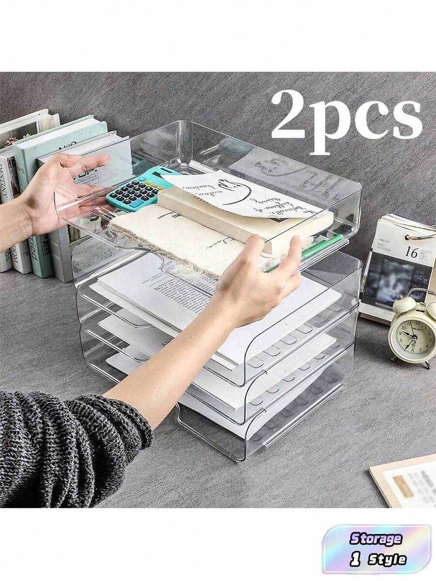 2pcs Stackable A4 Size Transparent PET Desktop File Tray, Space-Saving Document & Letter Organizer Tray For Office, Home, School Supplies - Multicolor - View 1