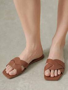 Styleloop Retro Flat Bottom , Square Toe Slippers Open-Toed Simple, Fashionable And Soft Commuter Holiday Sandals Versatile Outer Women's Shoes - Light brown - View 4