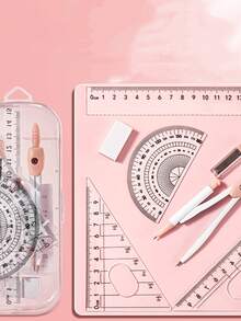 Juego de 8 piezas de compás y regla para dibujo de exámenes estudiantiles, kit de herramientas matemáticas de geometría multifuncional con compás, reglas, recambios de goma de borrar y caja de almacenamiento para útiles escolares - Multicolor - Ver 4