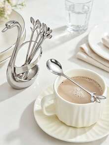 1 Set Of Swan-Shaped Tableware, Including 6/12 Fruit Spoons, Stainless Steel Dessert Spoons And Coffee Spoons, Equipped With A Swan-Shaped Storage Base. Easy To Clean, Durable With A Comfortable Grip, Suitable For Kitchens, Hotels And Cafes. - Silver - View 8