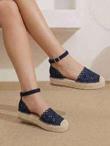 Styleloop Ladies Flat Bottom Round Toe Electric Embroidery Flower Hemp Rope Beach Leisure Holiday Sandals Summer Shoes Fall Shoes - Navy Blue - View 10