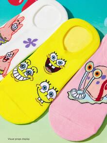 SpongeBob SquarePants | SHEIN 3雙女款透氣柔軟隱形船襪，襪頭與腳跟加強耐磨，四季可穿 - 彩色 - 查看 3