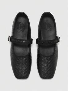CUCCOO BIZCHIC Spring Commuter Woven Pattern Buckle Square Top Low Heel Black Soft Leather Retro Low Vamp Mary Jane Shoes - Black - View 10