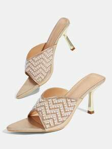 CUCCOO TILAWA Women's Light Gold Full Rhinestone & Pearl Fan-Shaped High Heel Sandals, Party Style Open Toe Stiletto Heels - Light gold - View 6