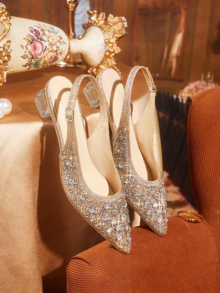 CUCCOO TILAWA Women's Crystal & Glass Rhinestone Pointed Toe Champagne High Heel Pumps, Suitable For Outings, Banquets, Parties And Other Events - Champagne - View 1