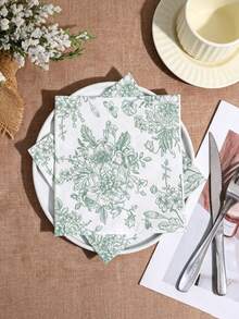20 Pcs/Set,Blue/Pink/Green, Retro Floral Printed Disposable Napkins. 13*13 Inch Double-Layer Plant Paper Napkins. Suitable For Birthday, Wedding, Tea Party, Hotel Decoration Napkins - Multicolor - View 5