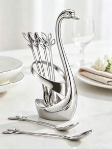 1 Set Of Swan-Shaped Tableware, Including 6/12 Fruit Spoons, Stainless Steel Dessert Spoons And Coffee Spoons, Equipped With A Swan-Shaped Storage Base. Easy To Clean, Durable With A Comfortable Grip, Suitable For Kitchens, Hotels And Cafes. - Silver - View 10