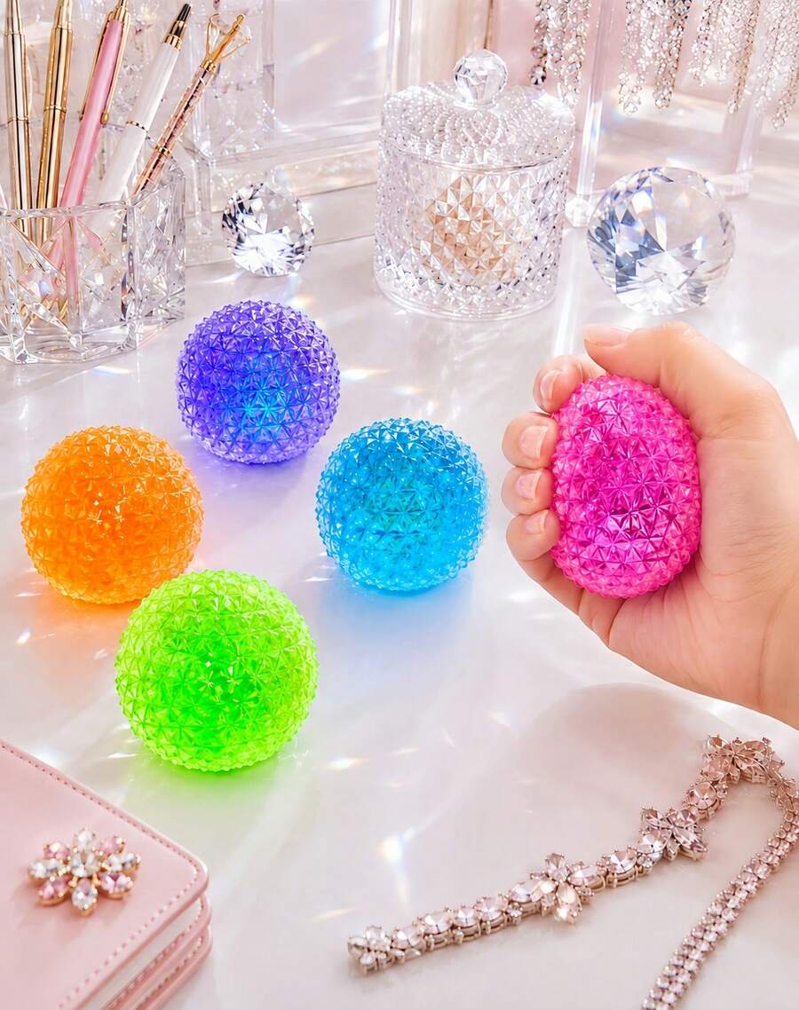 Hape 1pc Pink Diamond Texture Squishy Stress Relief Ball, 6cm Spiky Orb Squeeze Ball With TPR Shell, Maltose & Sequin Filling, Slow Rebound Hand Pressure Release Portable Desk Accessory - Multicolor - View 1