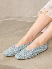 MOTF WOMEN LIGHT BLUE HOLLOW OUT SQUARE TOE FLATS SPRING SHOES FALL SHOES - Blue and White - View 8