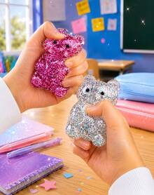 1pc Silver Glitter Bear Squeeze Figure With Clear Jelly Texture, Sparkle Filled Animal Shape In Blue Striped Window Box, Soft Handheld Ornament For Desk Decor, Shelf Display And Travel Carry - Multicolor - View 2