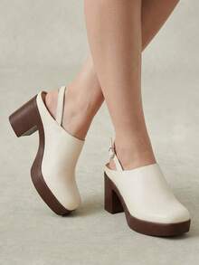 Styleloop Outdoor Women's Square Toe Pu Bottom Fleece Fabric, Fashionable, Simple, Breathable And Comfortable Party Buckle Style, Exposed Heel Shoes - PU beige - View 7