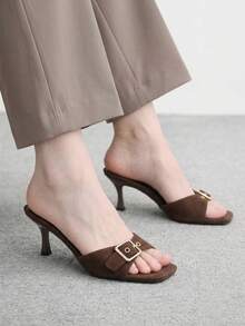 CUCCOO BIZCHIC Ladies Brown High Heel Simple Small Square Toe Slippers - Brown - View 1
