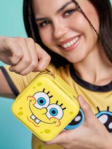 SpongeBob SquarePants | SHEIN 卡通黃色海綿人造皮革旅行珠寶盒，便攜式項鍊收納盒附3個掛鉤與戒指隔層，迷你收納盒，適合女孩日常使用與旅行 - 黃色 - 查看 2