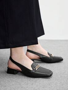 CUCCOO BIZCHIC 女款方跟低跟黑色後繫帶金屬鏈條slingback女鞋，舒適通勤，適合戶外購物穿著 - 黑色5 - 查看 5