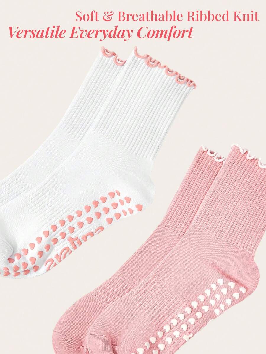 Aralina Pilates Princess Aesthetic: Retro Striped Ribbed Knit Socks With Cute Heart Non-Slip Grips, Leisurewear Active 2pk Contrast Lettice Ruffle Edge With Printed Non Slip Logo On Sole Yoga Pilates Gym Workout Two Pieces - Pink + white - View 1