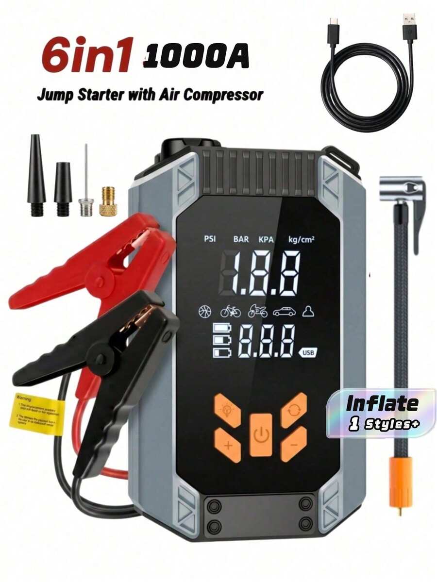 Portable Car Jump Starter With 150PSI Air Compressor, Auto Battery Booster Pack With Jump Cables, Auto‑Shut‑Off Air Inflator, Built‑In Flashlight Emergency Light For Vehicle - ST-9632 - View 1