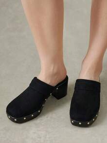 Styleloop Outdoor Women's Square Toe Side Round Nails Decoration Fashionable, Simple, Breathable And Comfortable Party Shoes With Slip-On Exposed Heel - Black - View 2