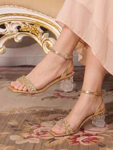 CUCCOO TILAWA Women's Fashion Crystal Glass Rhinestone Embellished High-Heeled Sandals Are Perfect For Outdoor Events And Parties - Champagne - View 2