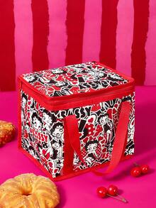 Betty Boop x SHEIN Vintage Cartoon Print Large Capacity Insulated Lunch Bag With Red Trim, Portable Cooler Tote For Picnic, School & Work Use - Black, red, white. - View 3