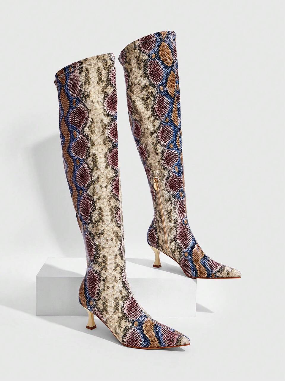 CUCCOO SZL Women's Classic Snake Skin Thigh High Boots, Fashion Super High Heel Pointed Toe Elegant Minimalist Stretch Over-The-Knee Boots Valentine's Day