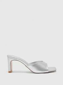 CUCCOO BIZCHIC Women's Square Toe Simple Fashion Bag Medium High Heel One Piece Sandals Slippers - Silver sheep pattern - View 2