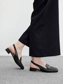 CUCCOO BIZCHIC 女款方跟低跟黑色後繫帶金屬鏈條slingback女鞋，舒適通勤，適合戶外購物穿著 - 黑色5 - 查看 3