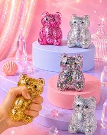 1pc Gold Glitter Bear Squeeze Figure With Clear Jelly Texture, Shimmer Filled Animal Shape In Yellow Striped Window Box, Soft Handheld Squishy Ornament For Desk Decor And Shelf Display - Multicolor - View 2