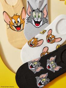 TOM & JERRY X SHEIN 趣味女款船襪 4雙裝 - 混色 - 查看 3