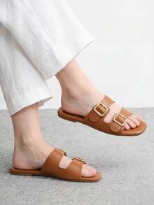 CUCCOO BIZCHIC 夏季新款棕色單扣女款平底涼拖鞋 休閒時尚百搭舒適通勤女鞋 - 棕色 - 查看 4