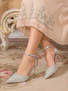 CUCCOO TILAWA Summer Ladies Elegant Luxury Rhinestone Hollow Sandals Shopping Party Commuter Office Fashion Pointed High Heels - Silver - View 8