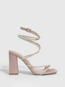 CUCCOO CURVES Ladies Wide Edition Fashion Black Rhinestone Strap High Heel Sandals, Large Size Summer Vacation Shoes - Pink Apricot - View 5