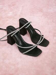 CUCCOO CURVES Ladies Wide Edition Fashion Black Rhinestone Strap High Heel Sandals, Large Size Summer Vacation Shoes - Black 1 - View 3