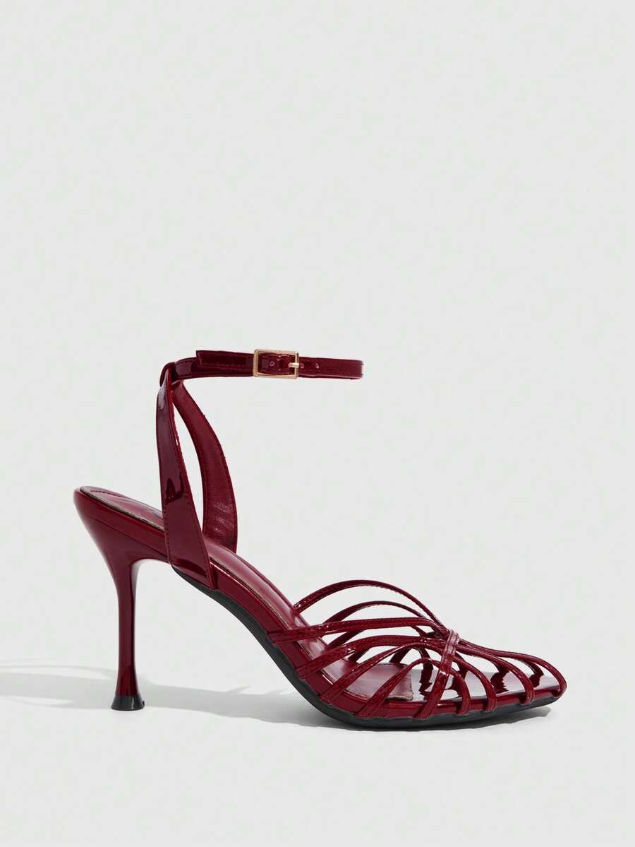 CUCCOO SZL Women's Summer Woven Multi-Strap Square Toe Stiletto Heel Sexy Glossy Burgundy Open Toe Sandals For Evening Party - Burgundy - View 1