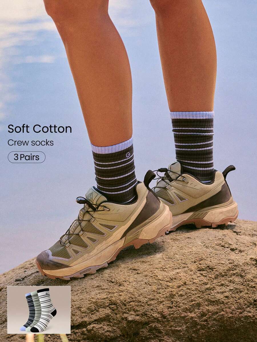 GLOWMODE 3-Pack Cotton Blend Stripe Crew Socks With Logo Embroidery & Arch Support & Seamless Toe Hiking Camping Daily Active Wear - Multicolor - View 1