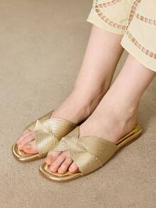 MOTF LADIES' ELEGANT GOLD WOVEN FLAT SLIPPERS, SQUARE OPEN-TOE - SUMMER SANDALS FOR DAILY/BEACH CASUAL COMFORT - Gold - View 6