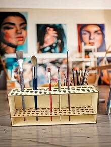 Wooden Pen Holder & Brush Organizer, Multi-Hole Desk Storage Rack, Ideal For Paintbrushes, Pencils And Makeup Brushes - Multicolor - View 2