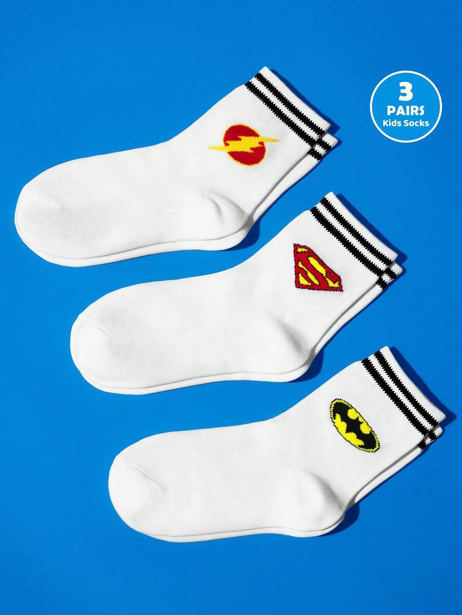 JUSTICE LEAGUE X SHEIN 3雙純棉柔軟透氣吸濕兒童中筒襪,可愛卡通圖案,適合四季穿著 - 黑與白 - 查看 1