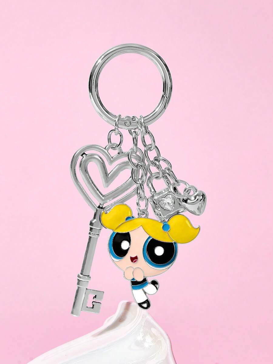 THE POWERPUFF GIRLS X SHEIN Love 金屬鑰匙圈包包吊飾,女孩風吊飾配件禮物 - 彩色 - 查看 1