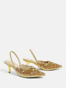 CUCCOO TILAWA Women's Fashion Electroplating And Glass Rhinestone Pointed Women's High-Heeled Shoes, Suitable For Going Out, Banquets, Parties And Other Activities Fall Shoes - Gold - View 9