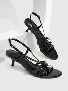 CUCCOO SZL Women's Summer 5.5CM Round Toe Open-Toed Cross With Mirror PU Material Black High Heels, Sexy Versatile And Elegant Daily Commute/Beach/Part - Black - View 3