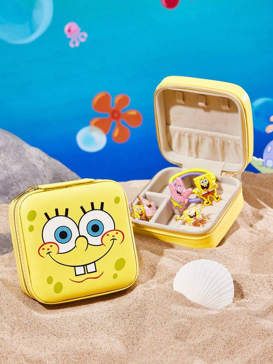 SpongeBob SquarePants | SHEIN 卡通黃色海綿人造皮革旅行珠寶盒,便攜式項鍊收納盒附3個掛鉤與戒指隔層,迷你收納盒,適合女孩日常使用與旅行 - 黃色 - 查看 1