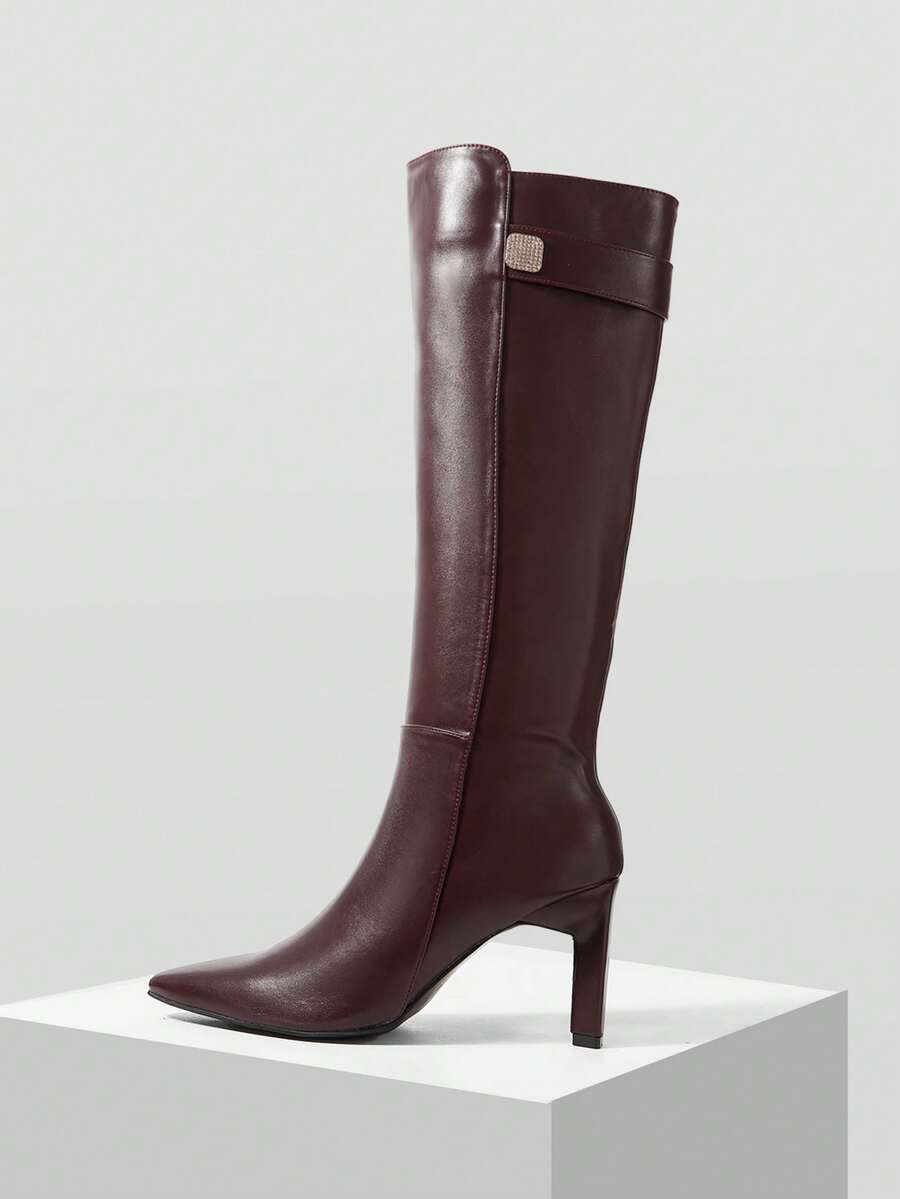 MOTF WOMEN'S FASHION COMMUTER VERSATILE SLIM HIGH HEEL KNEE-HIGH BOOTS VALENTINE'S DAY FALL SHOES - - burgundy - View 2