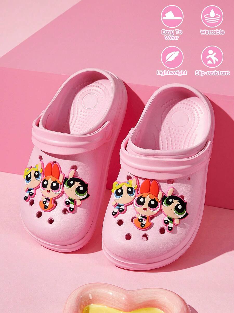 THE POWERPUFF GIRLS X SHEIN 可愛卡通兒童洞洞鞋,透氣快乾、輕便耐穿,適合室內外穿著的拖鞋涼鞋 - 粉色 - 查看 1